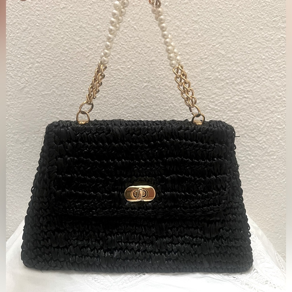 Cappelli Straworld Black Raffia Handle Bag with Gold and Pearls Chains